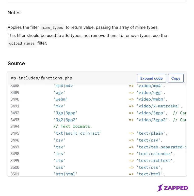 WordPress developer reference page listing the default file extensions mapped to media types, with the text group visible and no vCard entry among them