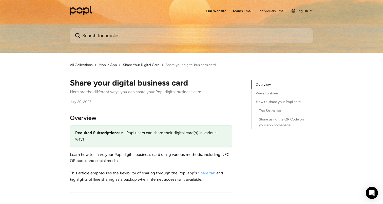 Popl Help Center article about sharing a digital business card through Popl