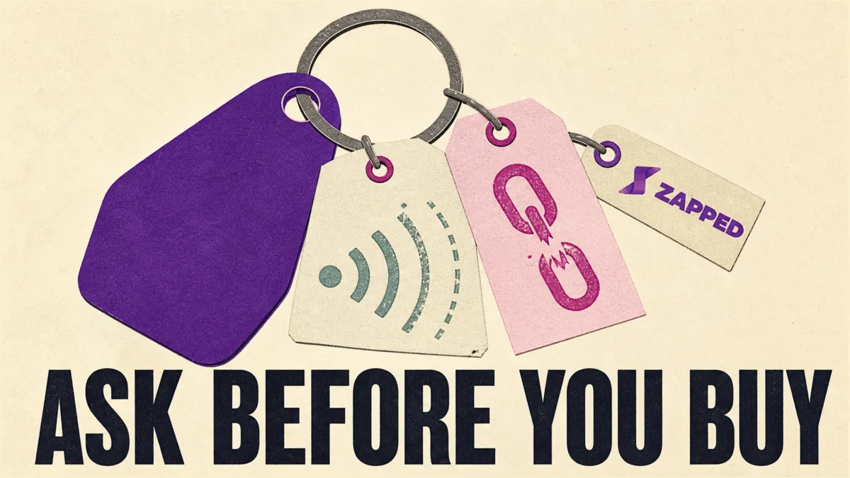 Editorial poster of a keychain fob and ring carrying three paper tags, one showing a fading signal wave, one a snapped chain link, and one the Zapped mark, beside the headline Ask Before You Buy