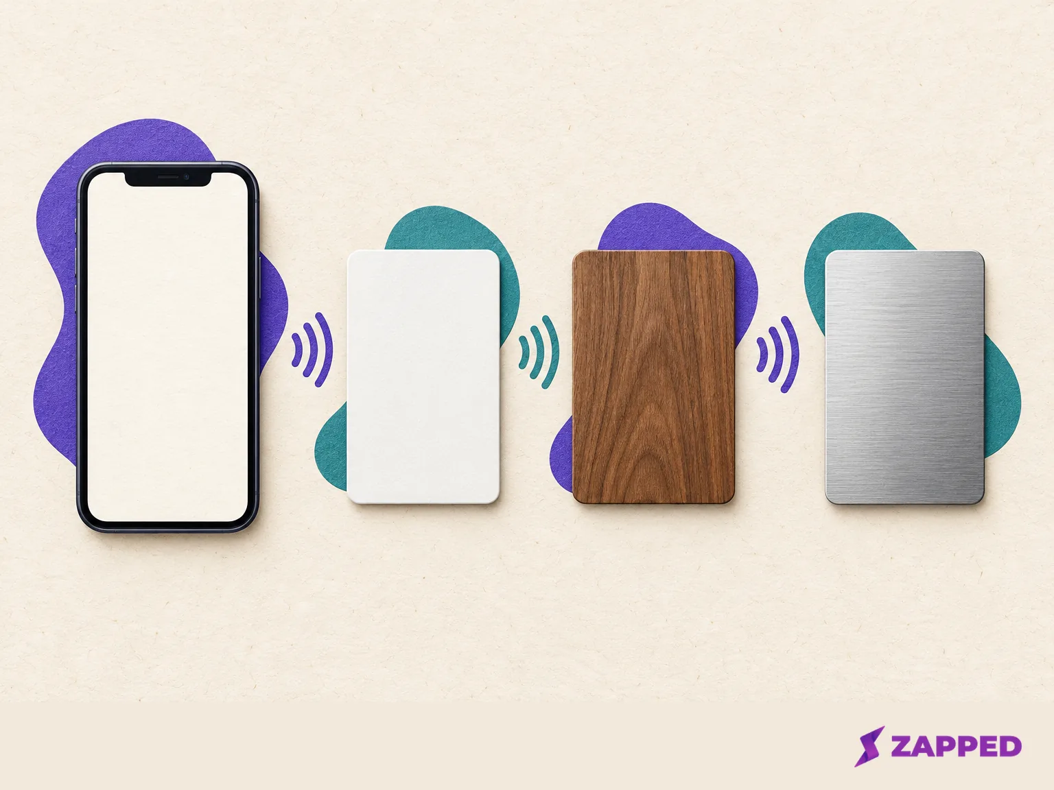 A blank phone and plain white, wood, and metal NFC cards illustrate hardware choices.