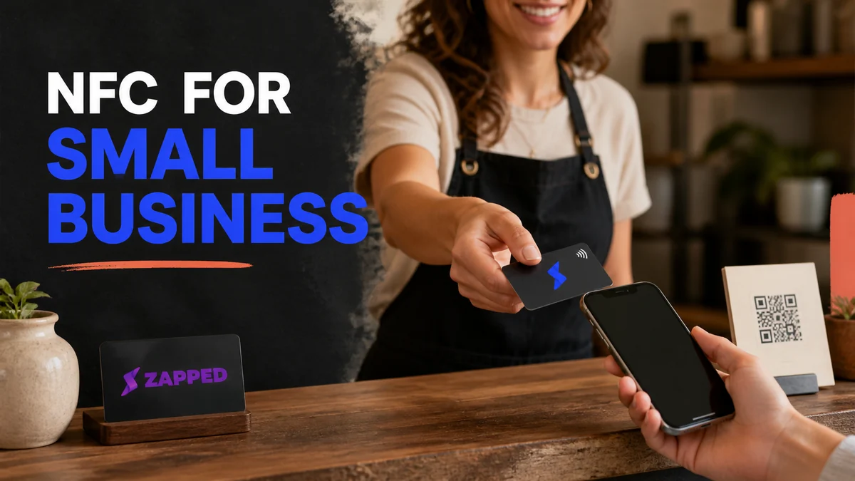 A small business owner handing over an NFC business card beside a visible QR code, with a live profile and one clear next action shown on a phone