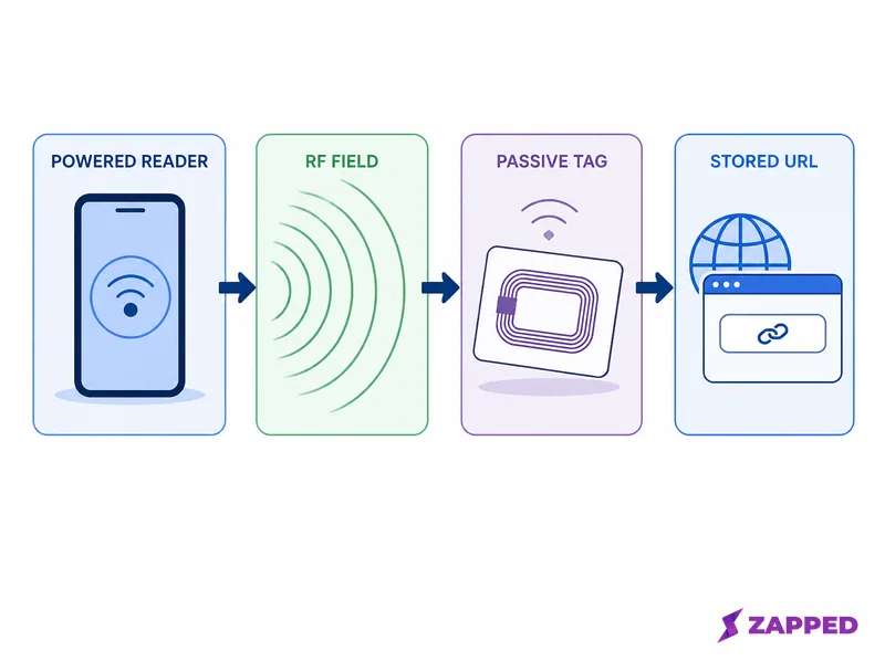 Diagram of a powered phone or NFC reader creating a field that briefly powers a passive NFC business card tag, which returns a stored URL to the phone