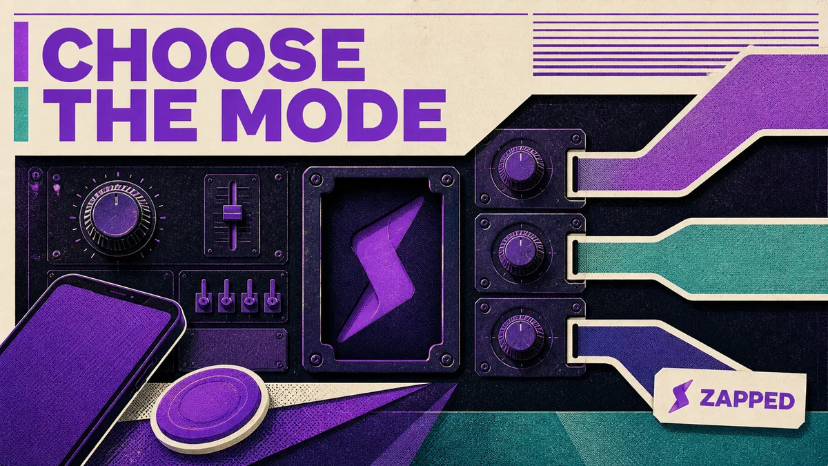 Conceptual editorial switchboard with an empty control slot, a generic iPhone, an NFC token, and branching paths for choosing a reading mode.