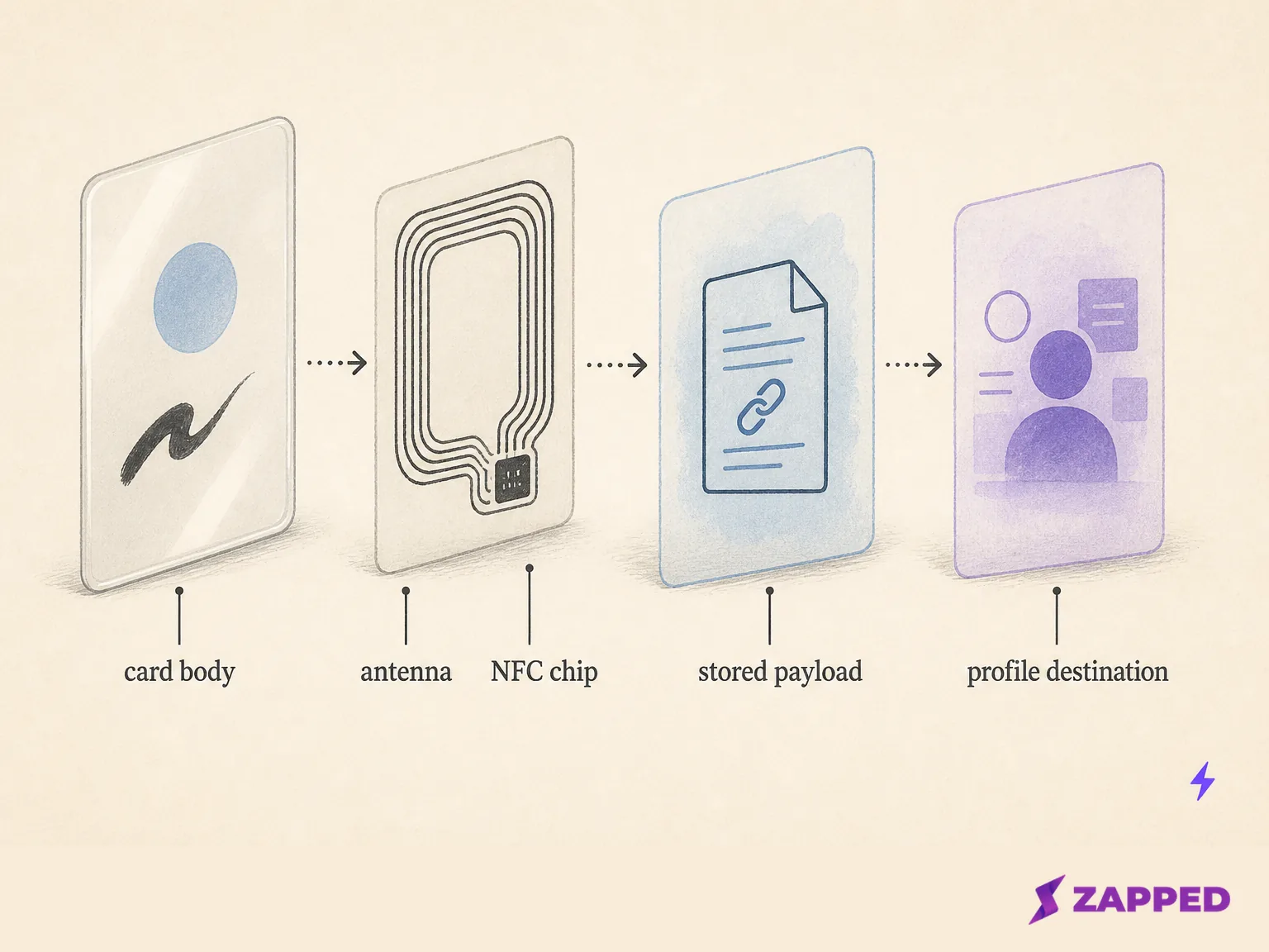Diagram separating a plastic NFC card’s printed body, embedded antenna and chip, stored payload, and browser profile destination