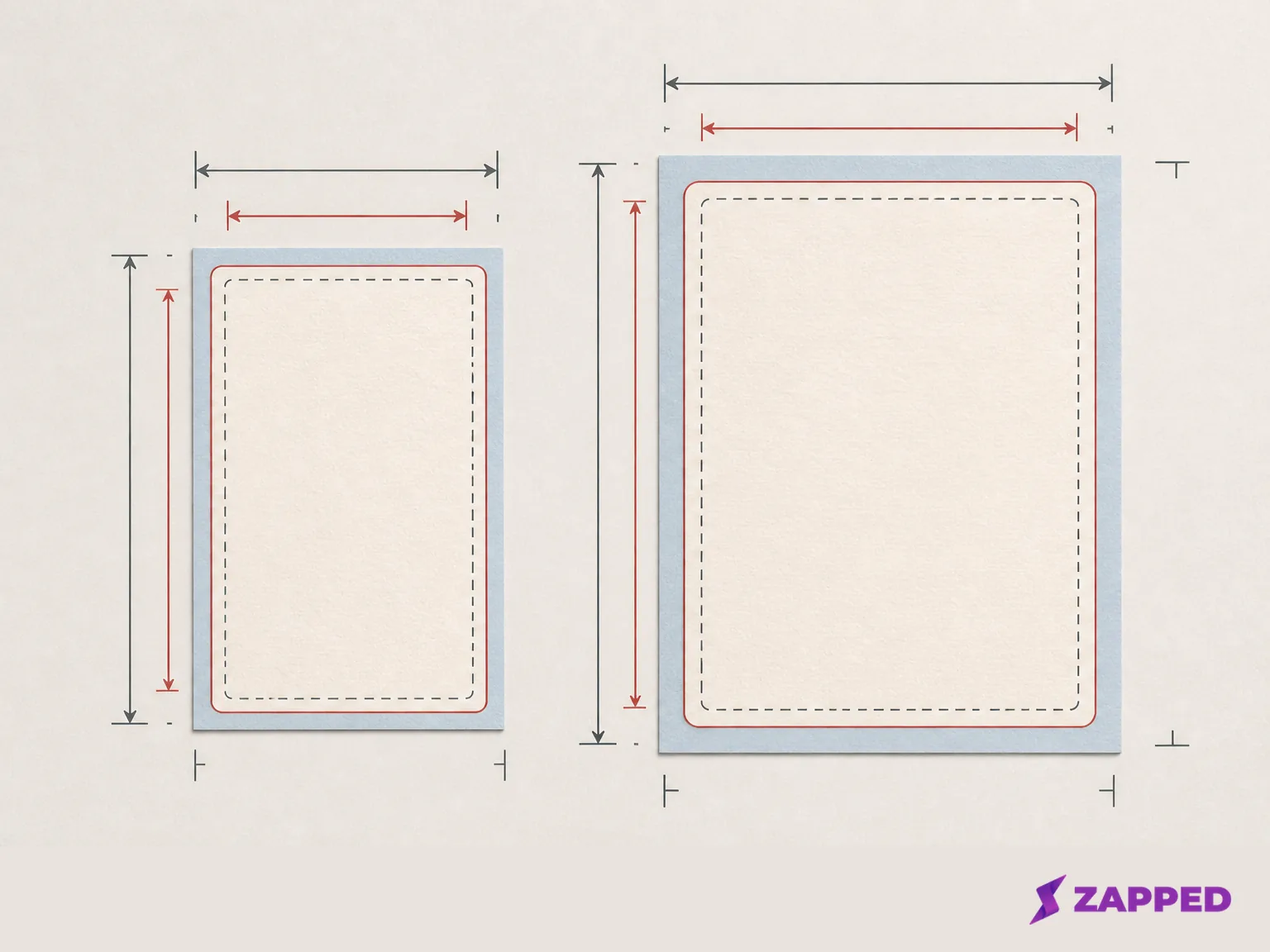 Two blank business card rectangles with different colored bleed bands, trim marks, and abstract dimension arrows