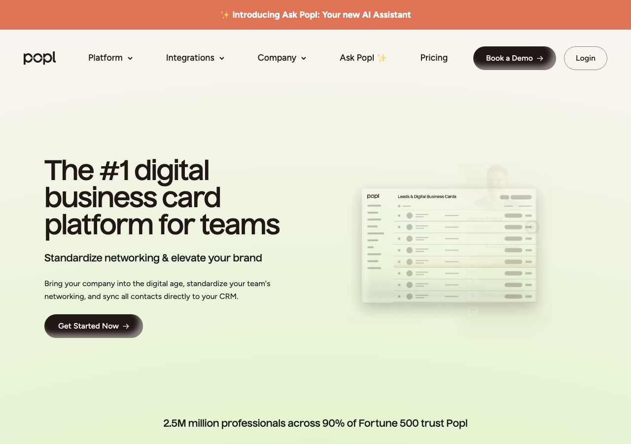 Popl digital business card platform page showing team profile and lead capture positioning
