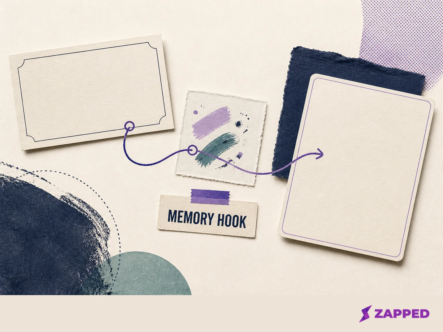 Blank contact card, abstract conversation note, and message card connected by a line labeled MEMORY HOOK.