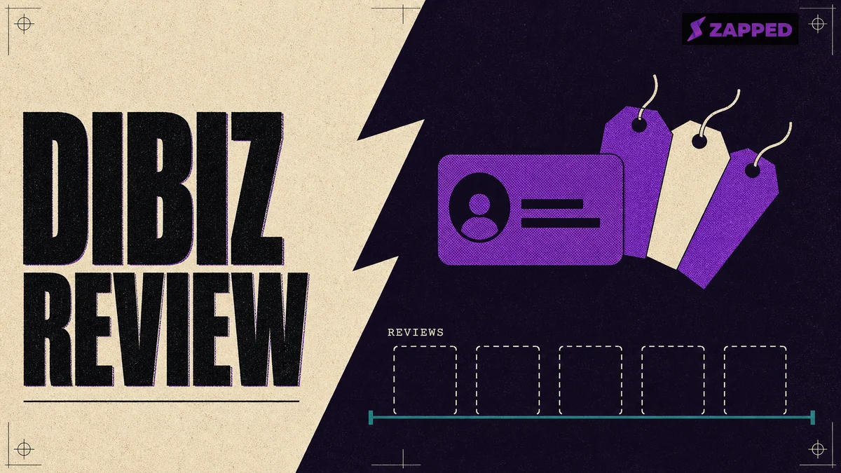 Editorial poster reading DIBIZ REVIEW: a digital card shape fanned with three blank price tags, beside a rail labelled REVIEWS holding five empty slots