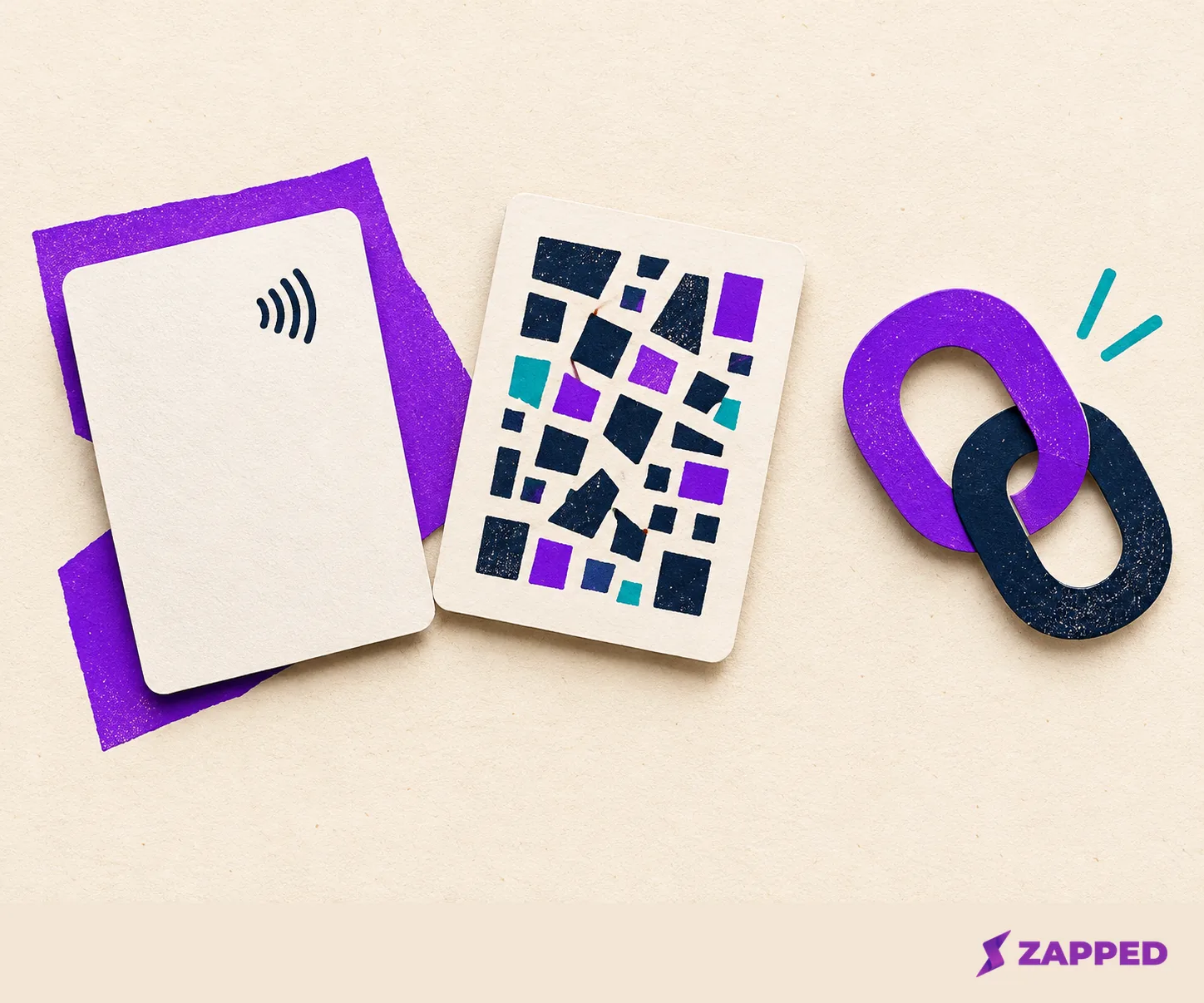 A blank NFC card, an abstract QR pattern, and a chain link symbol show three ways to share contact details.