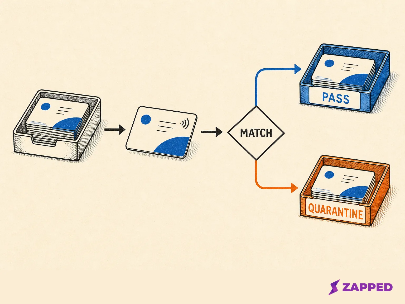 Conceptual verification decision showing a card moving to pass when it matches, or to quarantine when it does not.