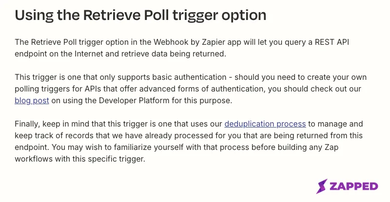 Zapier's help documentation under the heading Using the Retrieve Poll trigger option, describing a trigger that queries a REST API endpoint and retrieves the data being returned