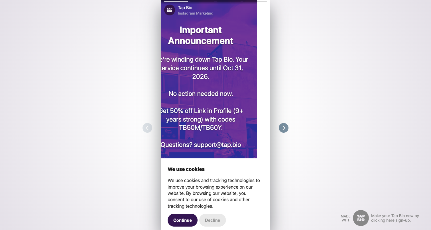 Tap Bio shutdown notice showing service ending October 31, 2026