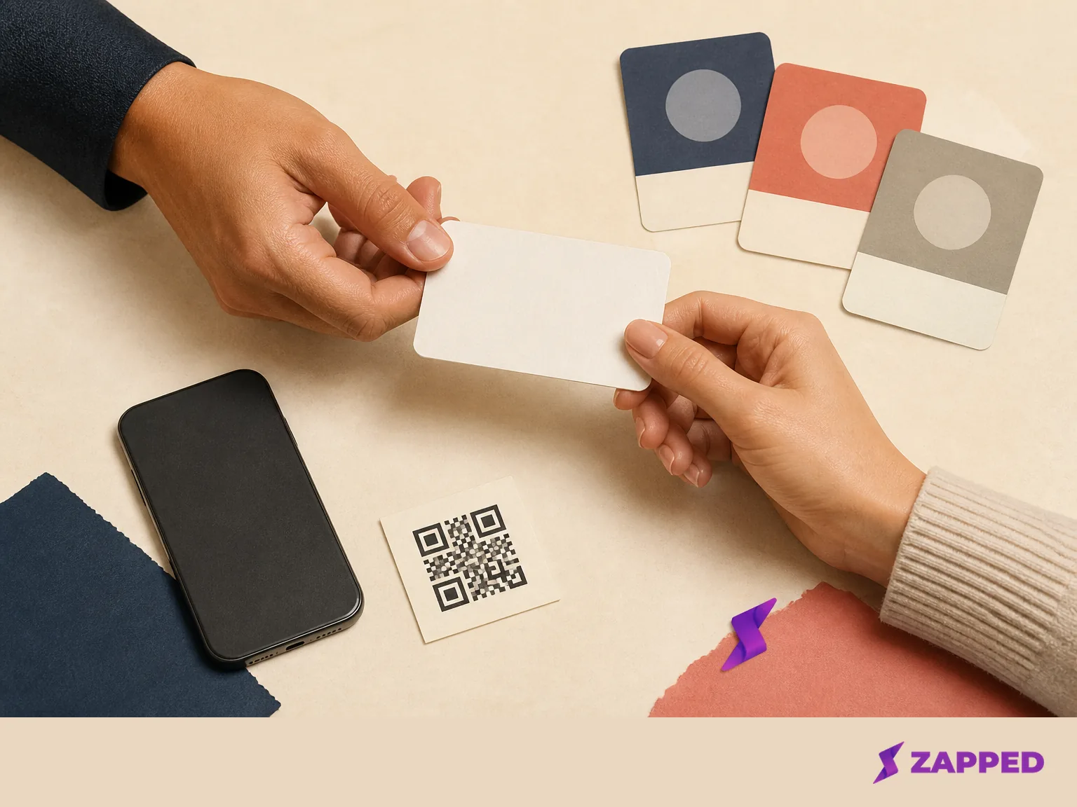 Recruiter and candidate exchanging a blank NFC business card beside a phone, a conceptual QR fallback, and unlabelled profile cards