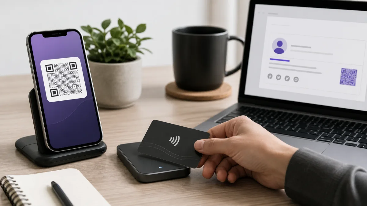 A phone QR code, NFC card, and email signature sharing a digital business card