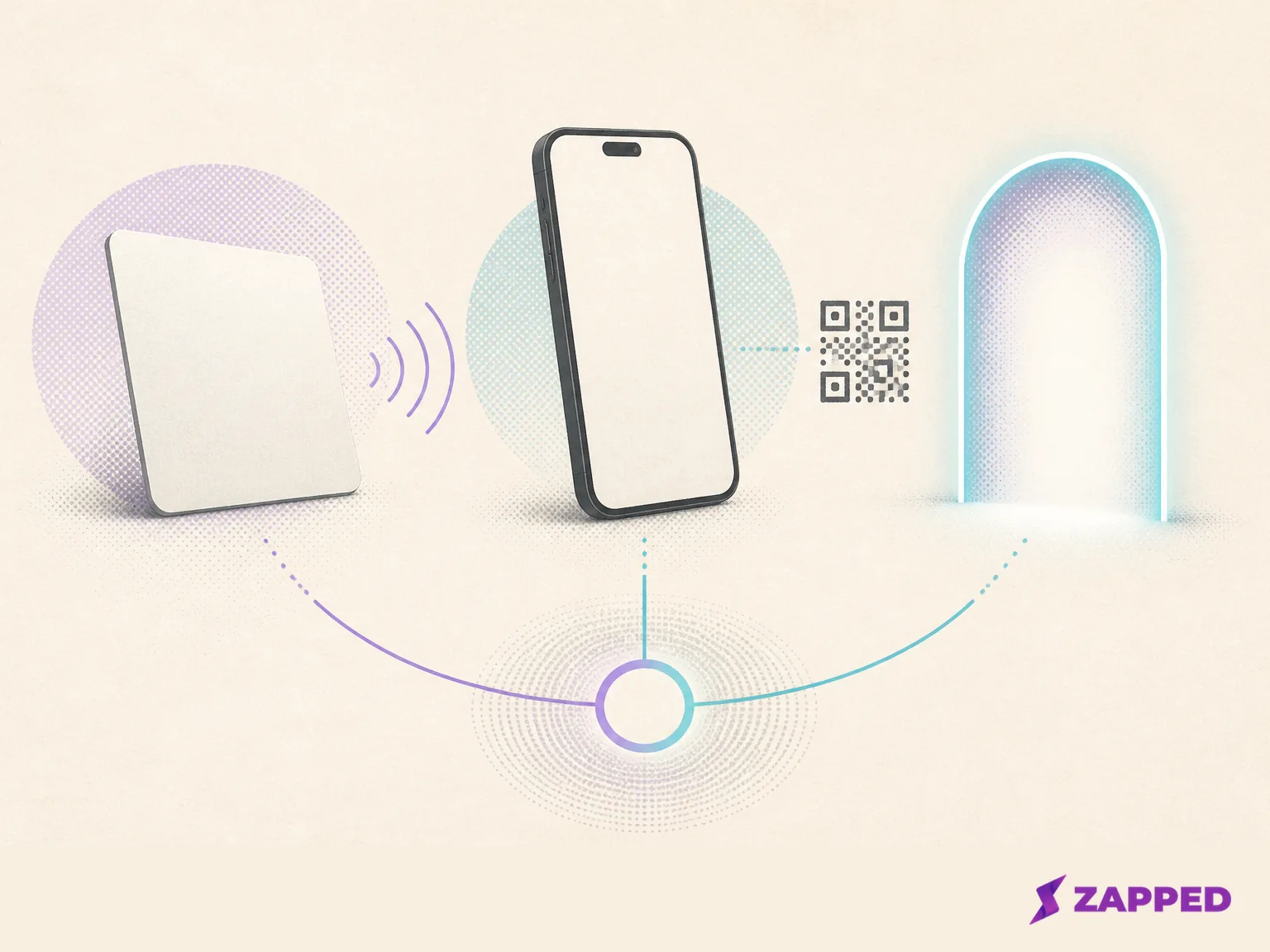 Illustration of a blank NFC card and smartphone using different handoff surfaces that point to one shared editable profile, with an abstract QR fallback.