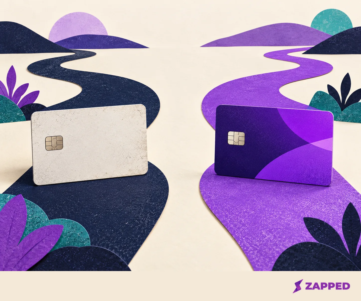 A cream card and a purple card sit on separate paths as old and new sharing routes stay available at once.