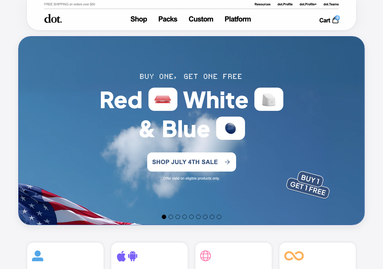 Dot homepage showing tap-to-share card products and profile positioning