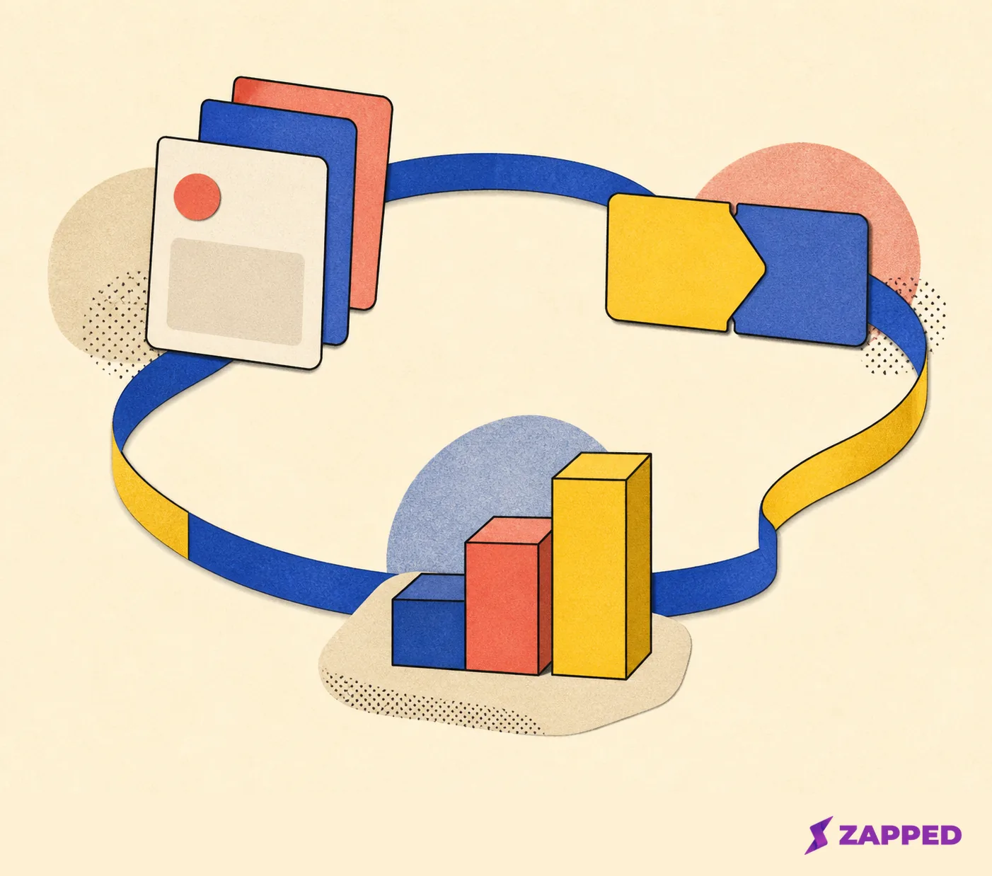 Conceptual loop of blank contact cards, handoff tabs, and rising blocks connected by a continuous ribbon