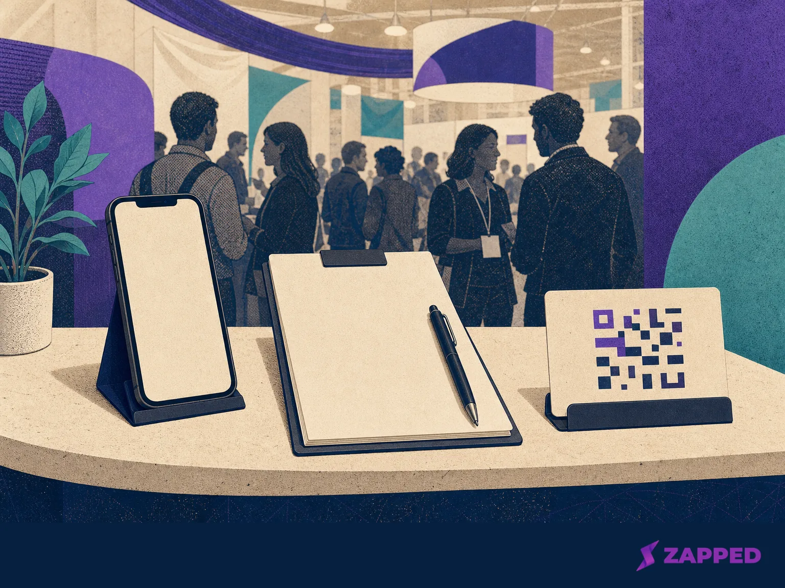 Editorial illustration of a crowded trade show booth with a blank phone, paper form, and QR card fallback