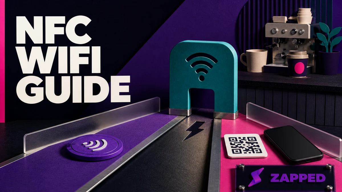 NFC WiFi sign beside a phone and a visible QR fallback card on a café counter
