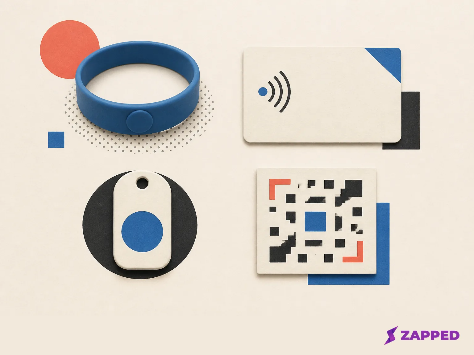 Blank wrist band, NFC card, phone tag, and abstract QR fallback arranged as a comparison