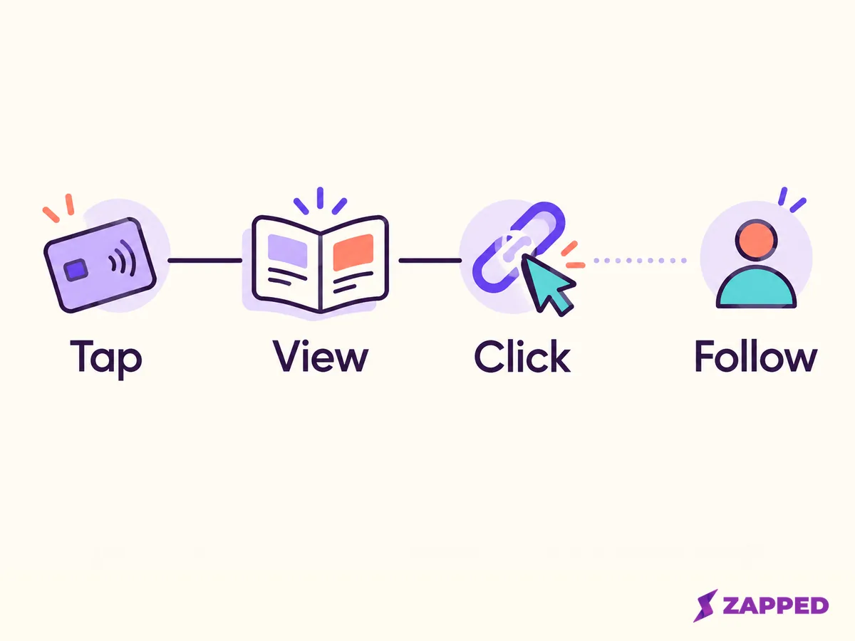 Tap, view, and click appear as separate events, with follow shown as a possible outcome.