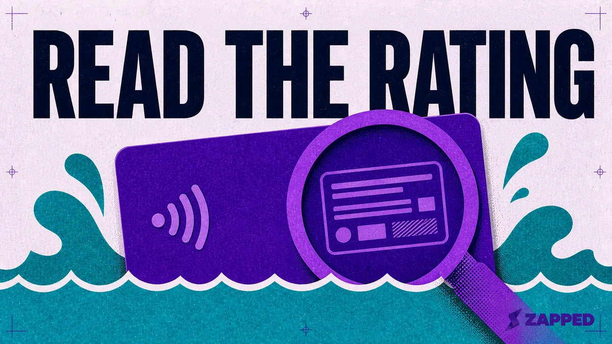 Flat editorial poster of an NFC card in stylized water, with a magnifier prompting readers to inspect its specification