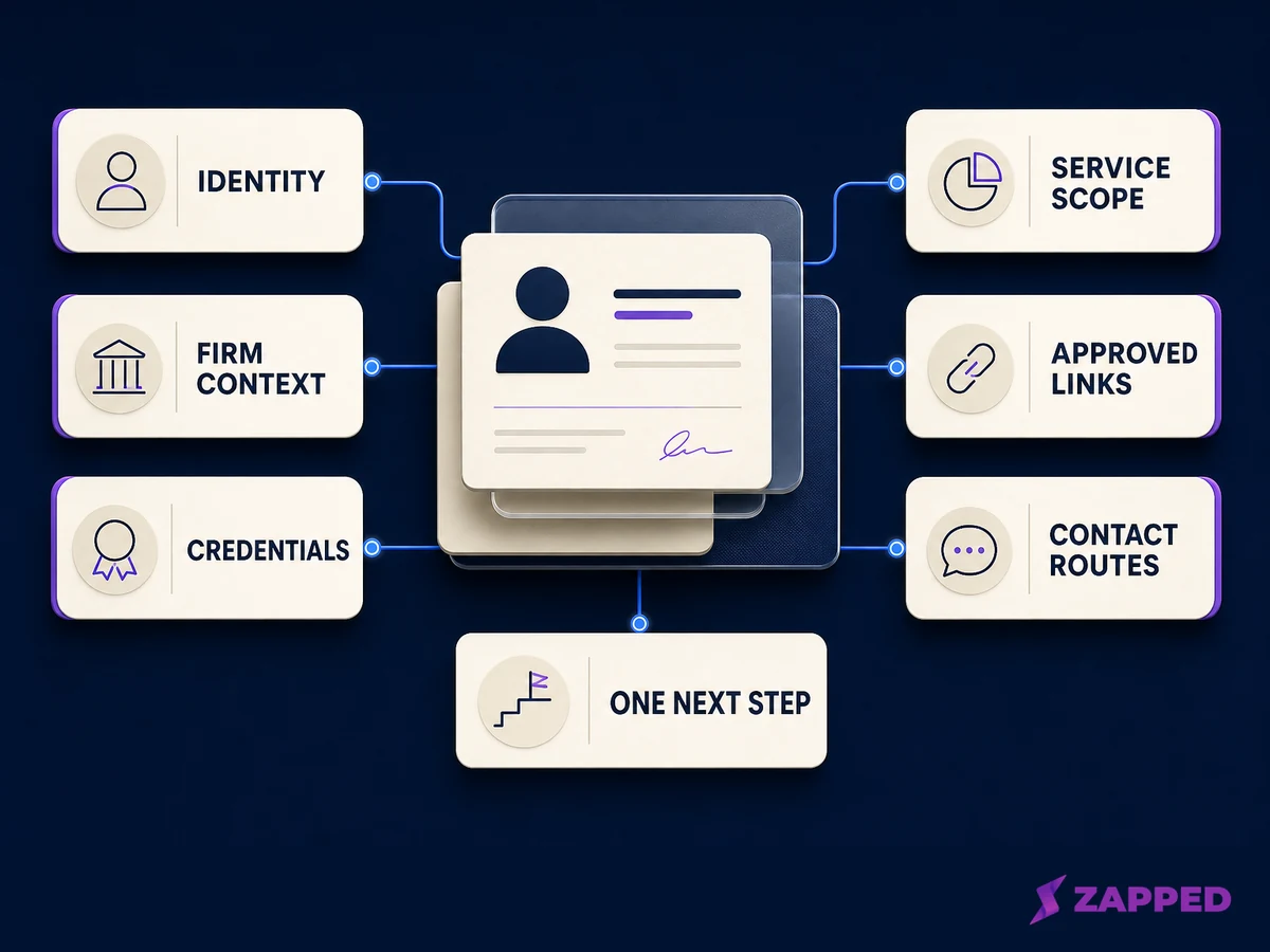 Wide conceptual diagram of a financial advisor card information architecture with identity, firm context, credentials, service scope, approved links, contact routes, and one next step