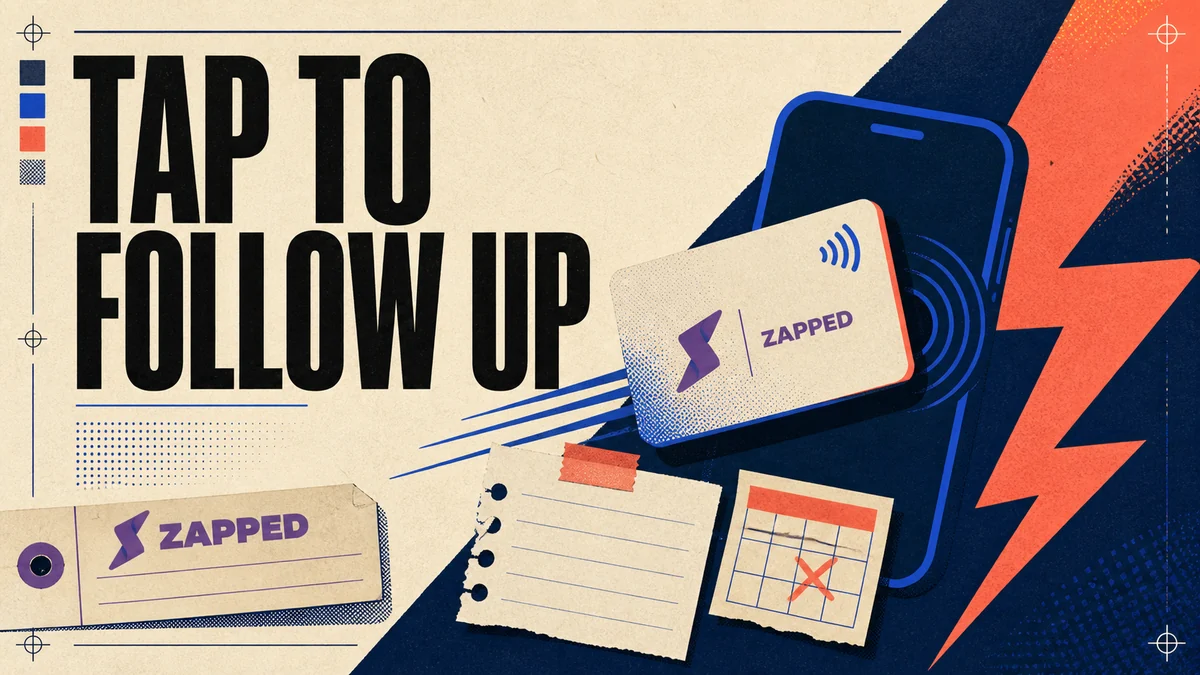 Editorial poster showing an NFC card, phone, contact note, and lightning bolt under the phrase TAP TO FOLLOW UP