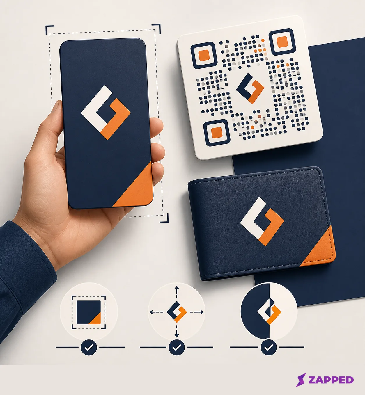 A hand holds a phone shaped digital card beside abstract QR and wallet tiles