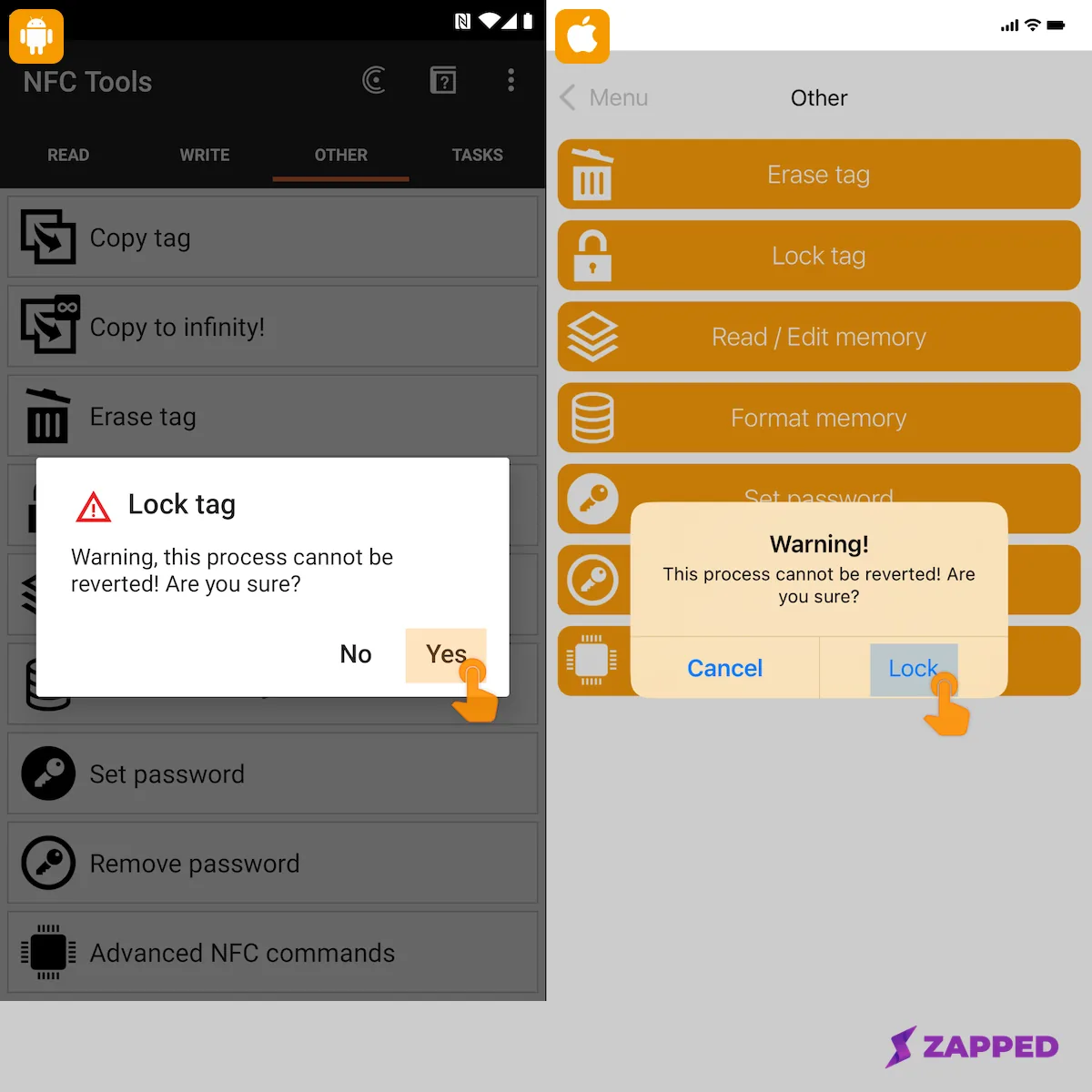 Screenshot of NFC Tools' Lock Tag confirmation screen, showing the app's warning before permanently locking a tag so it can no longer be edited