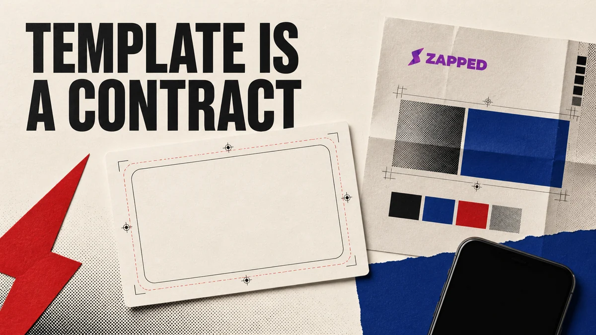 Editorial illustration of a blank NFC business card template beside a printer proof and a phone used as an abstract object