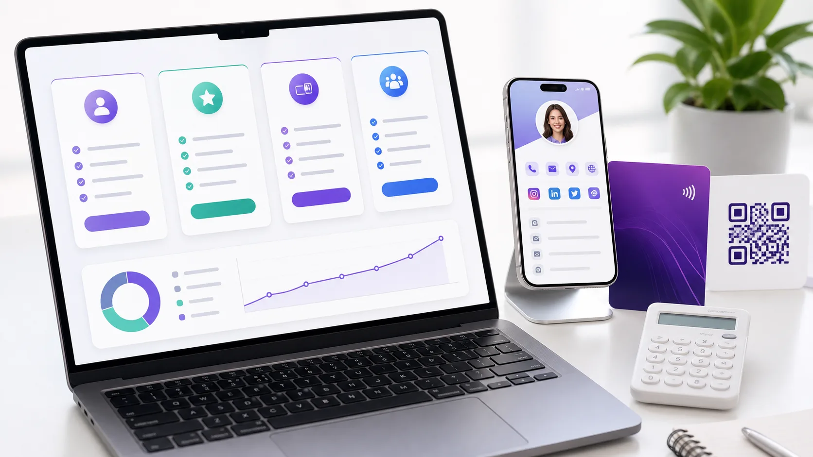 Pricing dashboard, calculator, QR card, and phone profile for digital business card costs