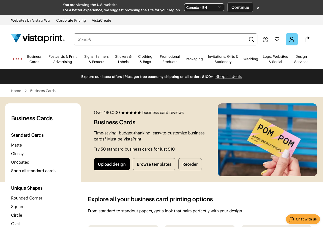 VistaPrint business cards page showing current online card ordering options