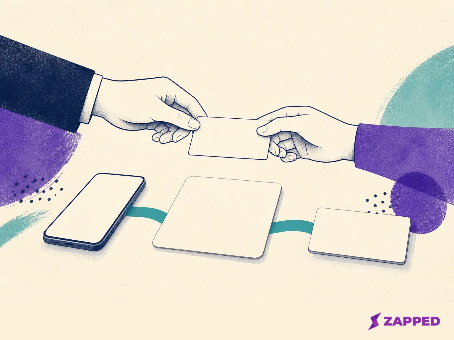 Editorial illustration of a trade show conversation becoming a contact record through blank cards and a phone