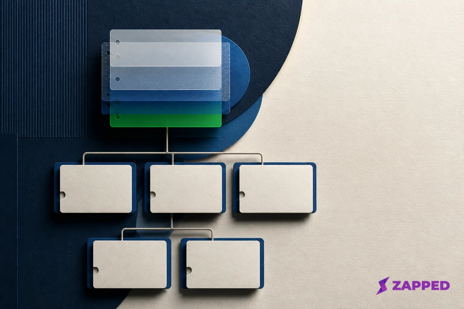 Editorial illustration of blank card tiles, permission layers, and an organization grid