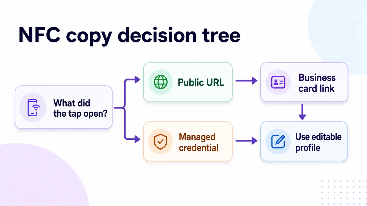 Clean NFC copy decision tree showing public URL, managed credential, business card link, and editable profile paths