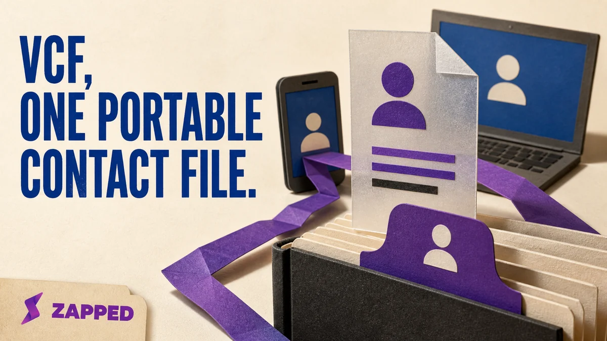 Abstract contact file moving between a phone, laptop, and address book, with a clear editorial cover line