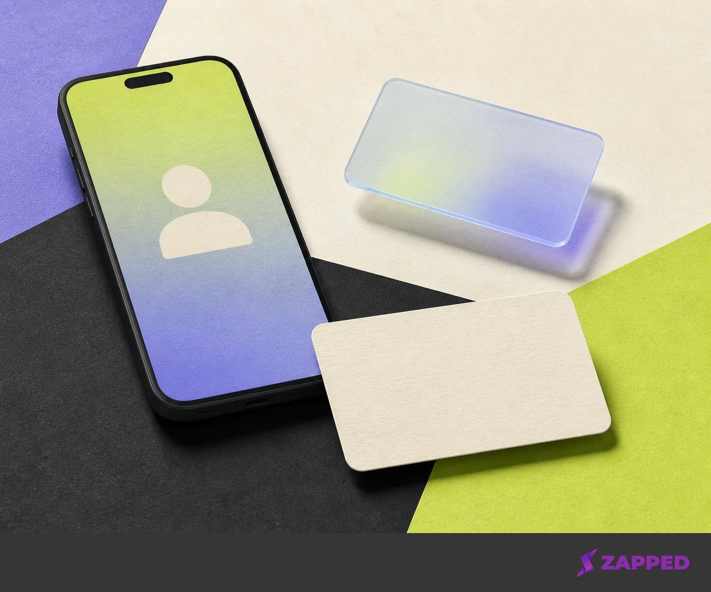 Illustration of a phone, blank contact card, and separate translucent virtual and physical card objects representing different product paths