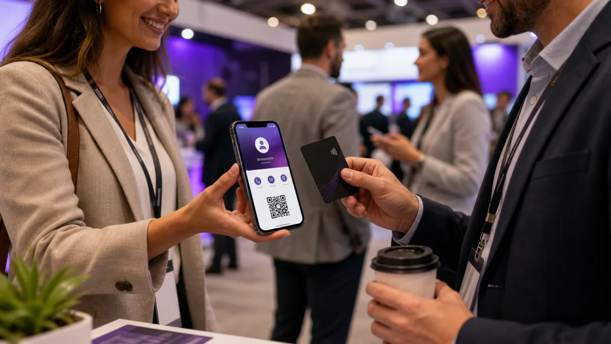 A business team sharing a digital business card with a phone and NFC card at a networking event