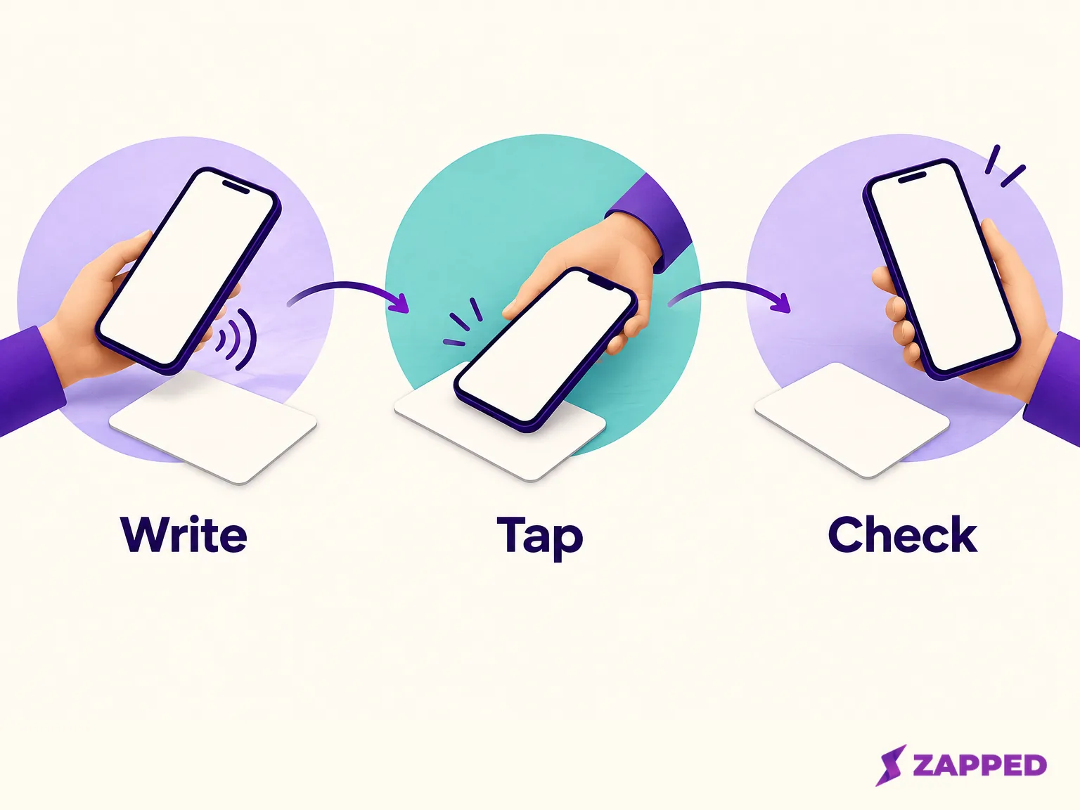 Three moment illustration of writing, tapping, and checking an NFC card with a phone.