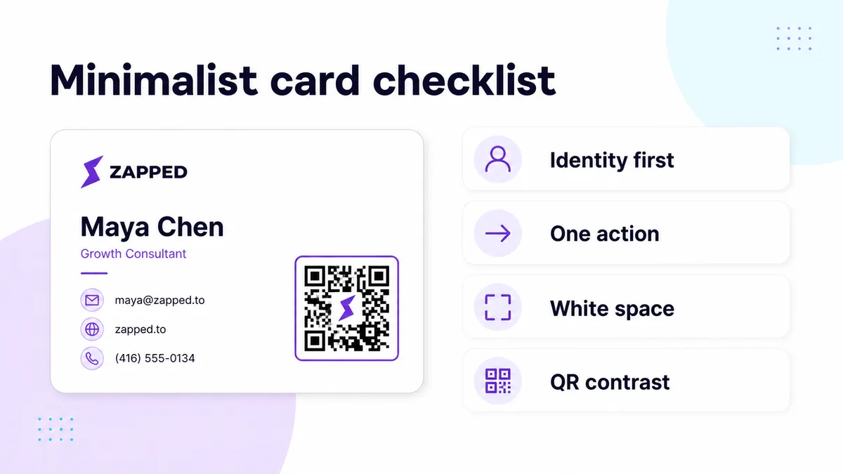 Minimalist business card checklist showing identity first, one action, white space, and QR contrast