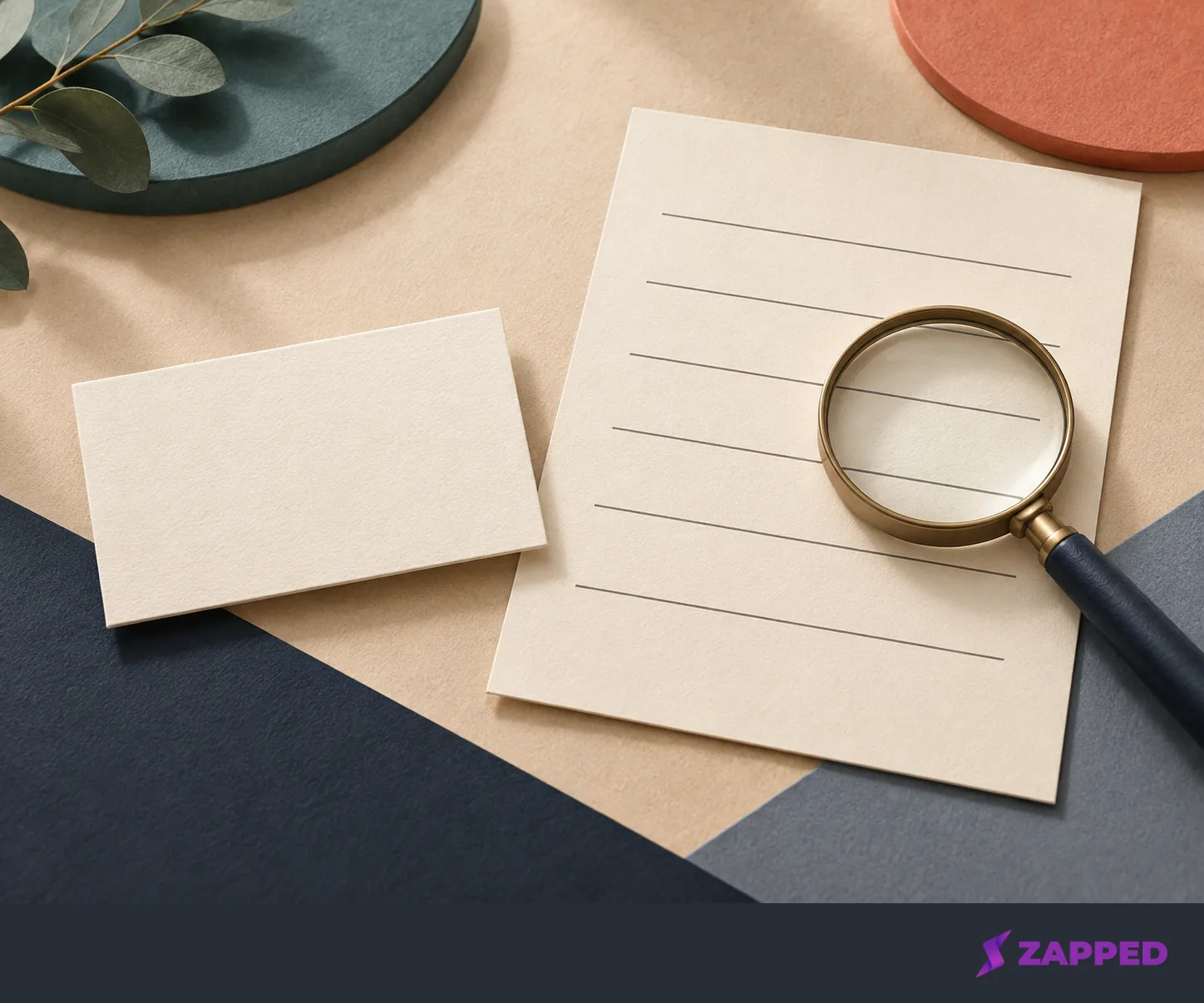 A magnifier over empty lines on a contact form beside a blank business card, illustrating a field by field check.