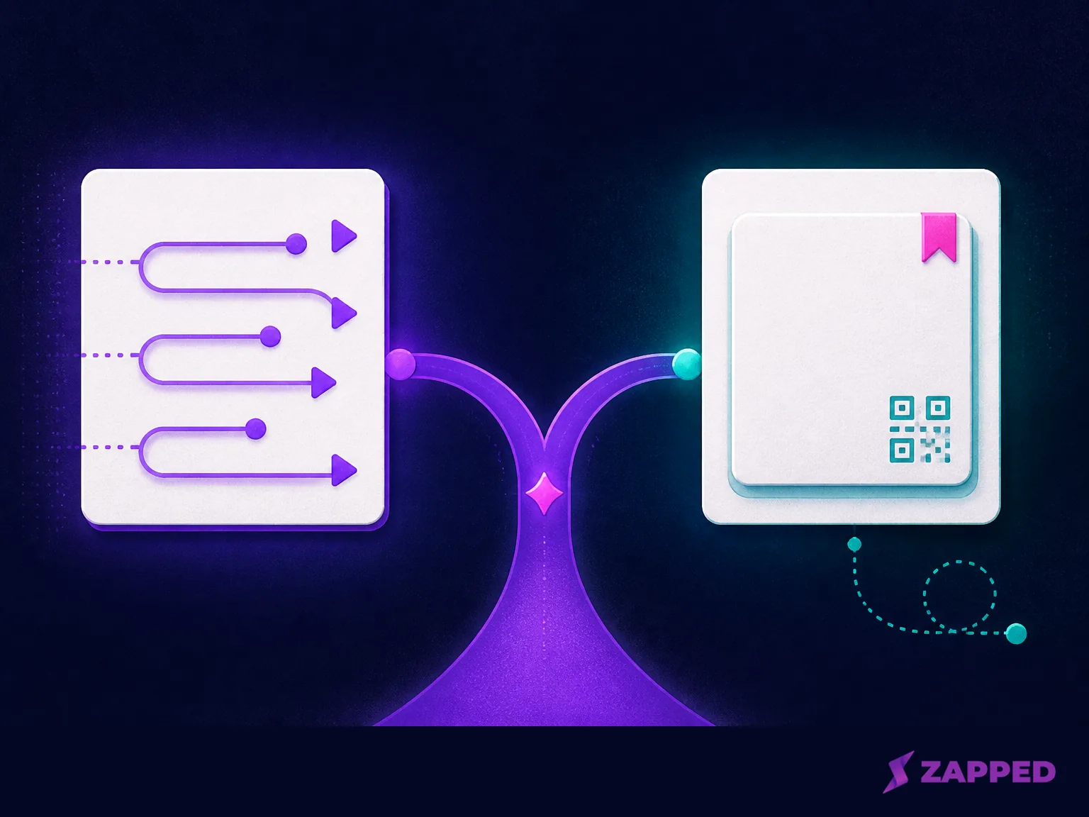 Conceptual illustration of a link hub and blank contact card joined by a browse or save fork.