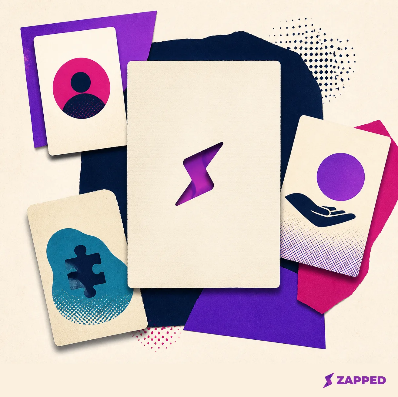 Editorial illustration of blank cards arranged around a central referral request card with open space for a decline.
