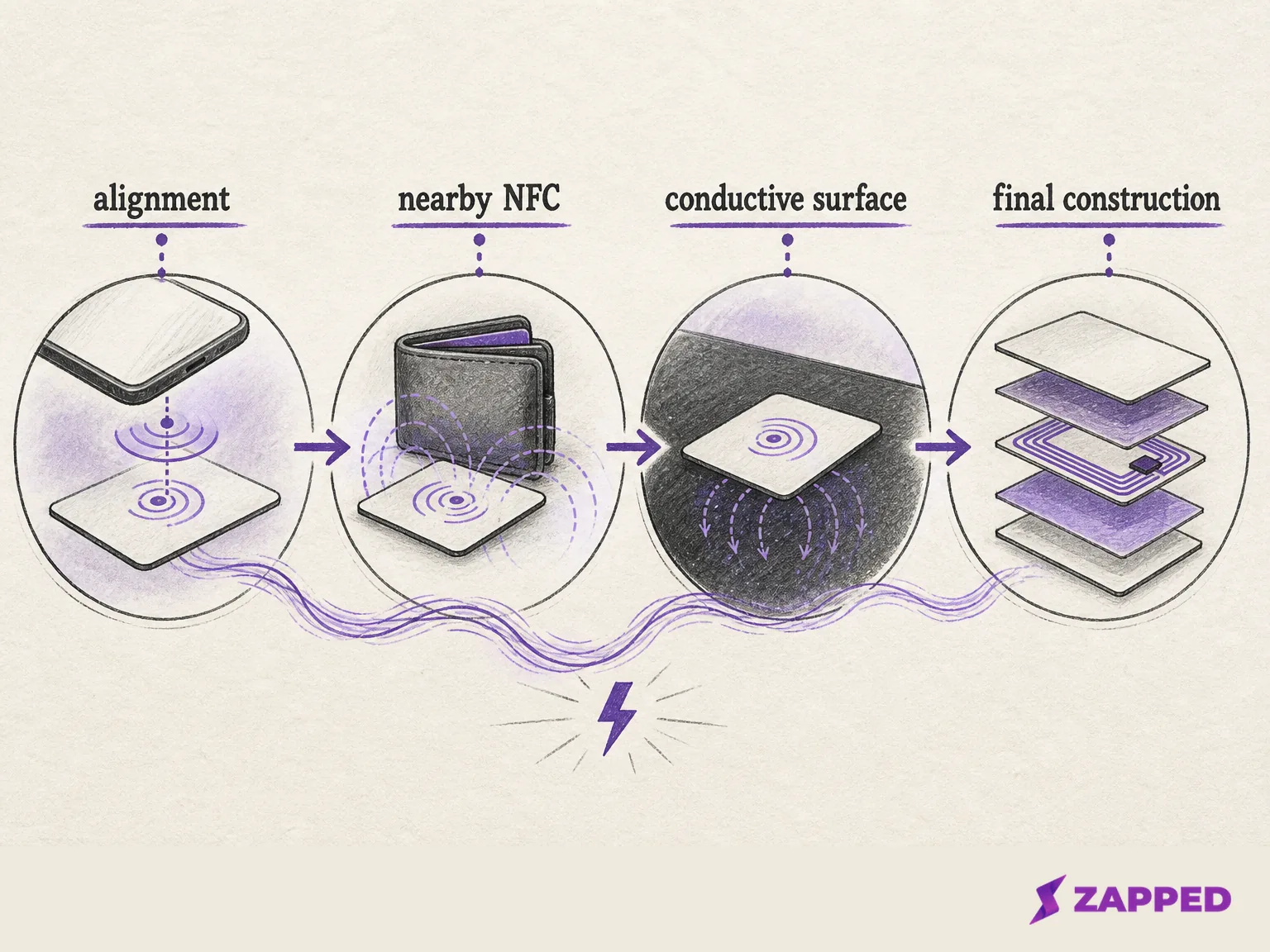 A conceptual NFC coupling illustration compares close aligned placement with nearby wallet material and a conductive surface, showing why construction and phone position matter