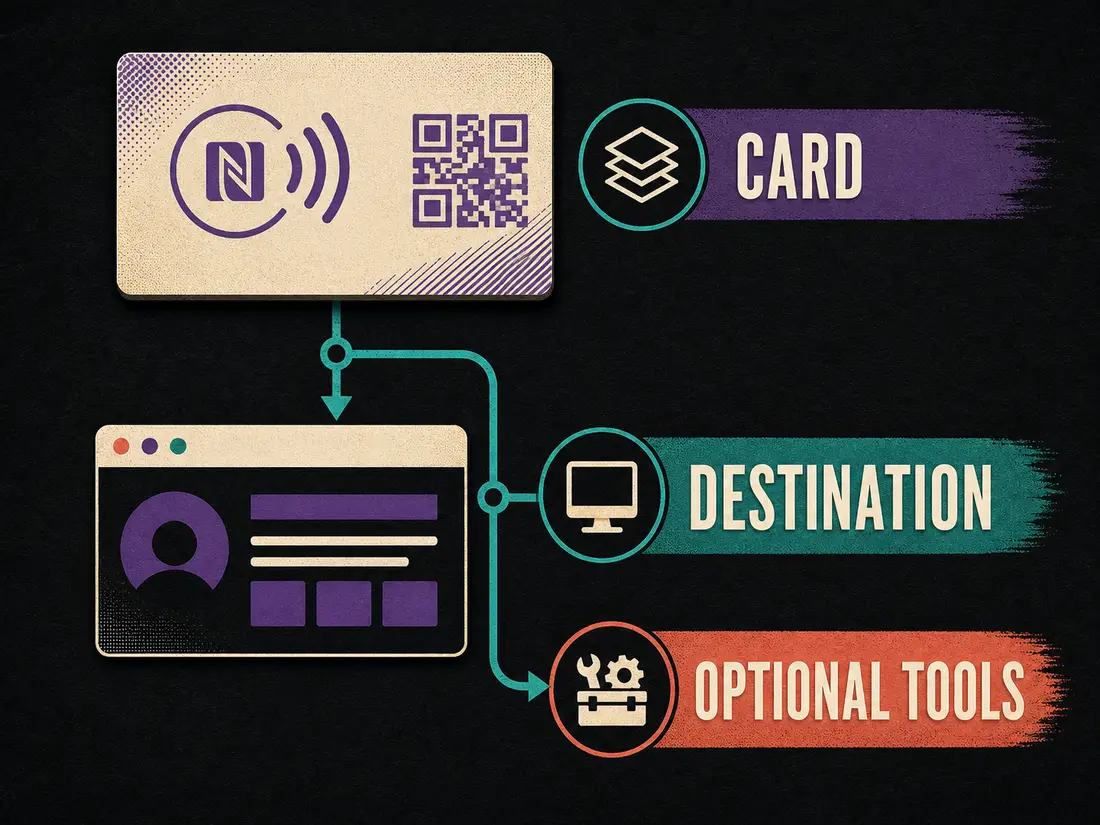 NFC card connected directly to its destination while optional software tools branch from the main path