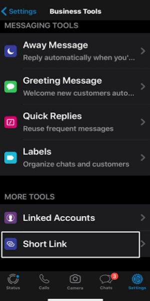 WhatsApp Business iPhone Business Tools screen highlighting Short Link