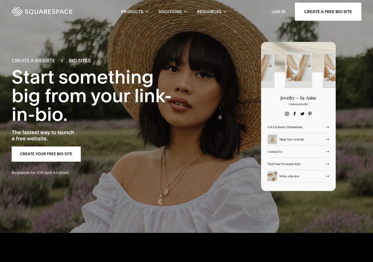Squarespace Bio Sites landing page showing a link-in-bio profile preview