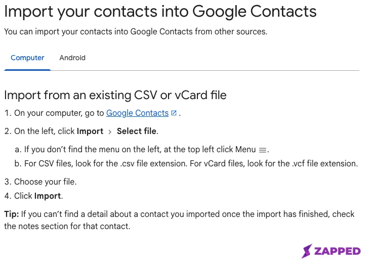 Screenshot of the Google Contacts Help page describing the Import, Select file, and Import steps for adding a vCard or CSV file